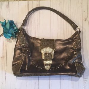 Kathy Van Zeeland pewter leather shoulder Bag